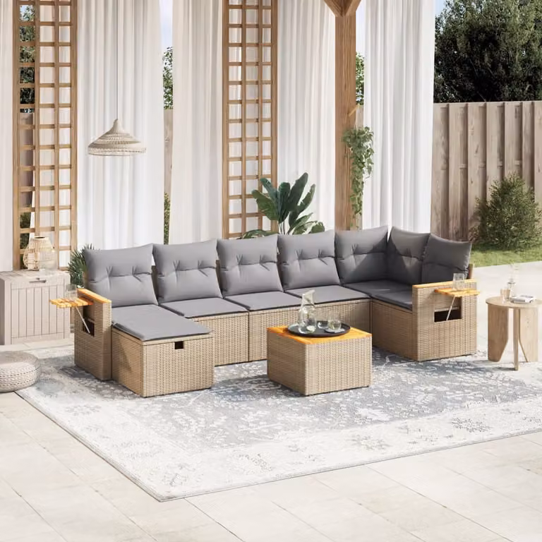 vidaXL Set Divano da Giardino a L 8 pz con Cuscini Beige e Grigio in Polyrattan e Acciaio