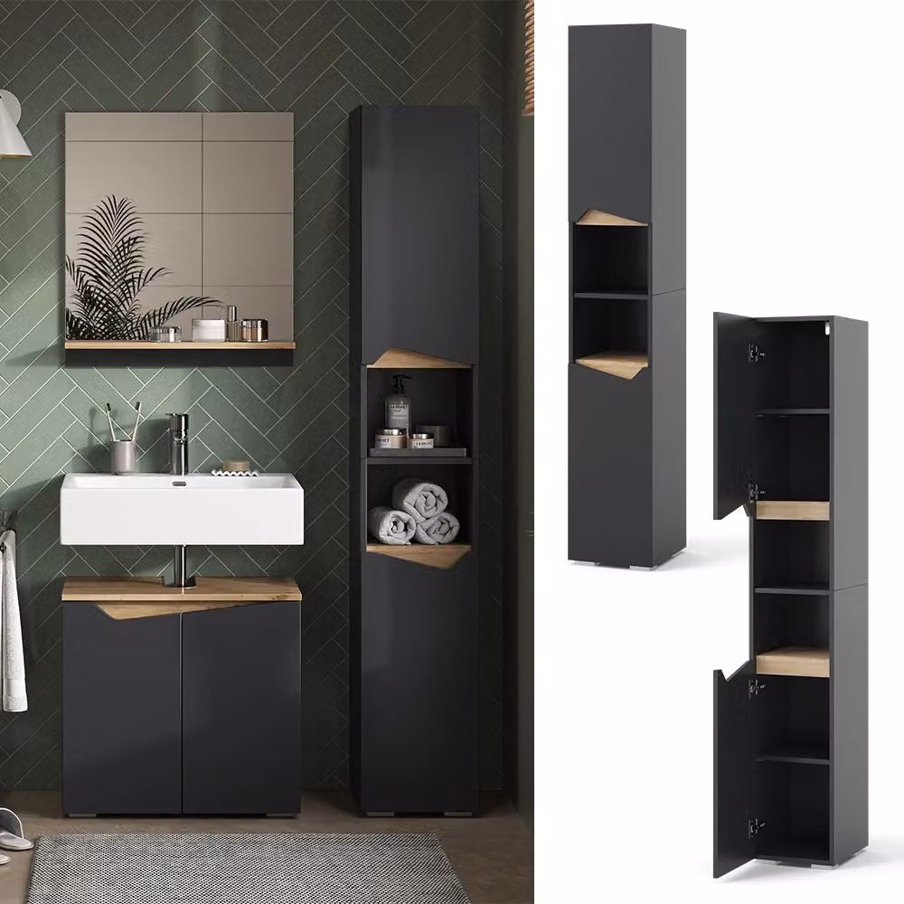 Armadio per il bagno Vicco Marelle Antracite e Rovere con ante e vani aperti L: 30 cm, H: 180 cm – 2