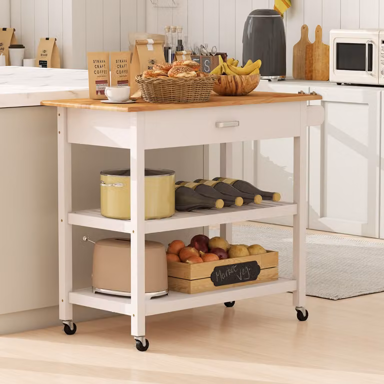 Carrello di servizio Costway a 3 livelli con piano in legno e ripiani aperti, Isola da cucina moderna bianca