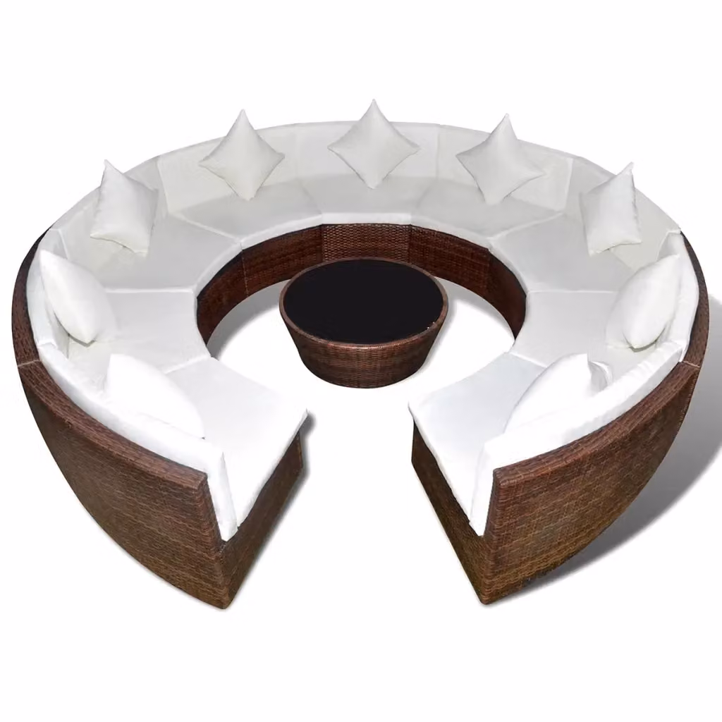 Set da giardino vidaXL a forma di U con 10 pezzi, divani imbottiti in rattan marrone e bianco con cuscini e tavolino da caffè incluso – 2