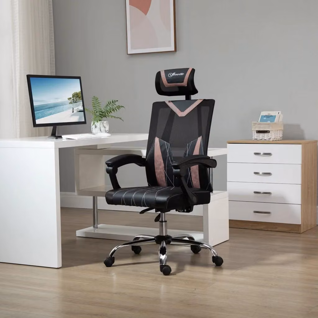 Sedia Direzionale Ergonomica GIORDANOSHOP con Poggiatesta e Braccioli in Tessuto e Finta Pelle, Nera e Rosa, L: 58 cm, P: 62,5 cm, H: 112-120 cm – 2