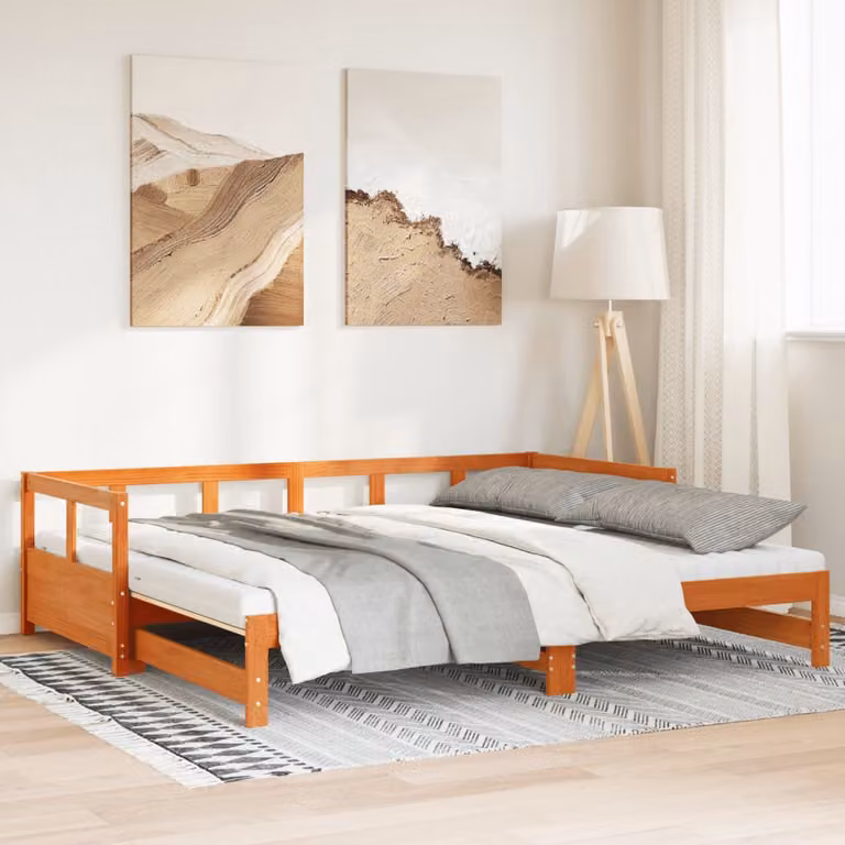 vidaXL Divano Letto con Rotelle e Materasso in Legno di Pino Cerato Marrone L: 190 cm, P: 90 cm
