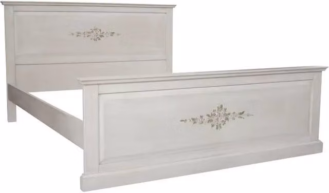 Letto matrimoniale in legno di faggio stile shabby chic bianco anticato decorato floral Mobili 2G L: 173 cm, P: 209 cm, H: 110 cm