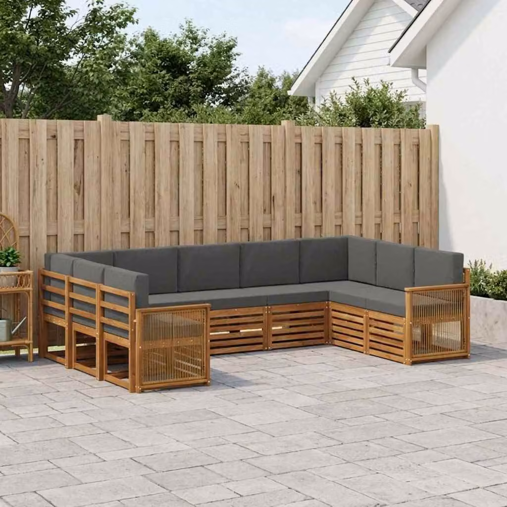 vidaXL Set di divani da esterno a forma di U composto da 7 pezzi in legno di acacia con cuscini beige e antracite
