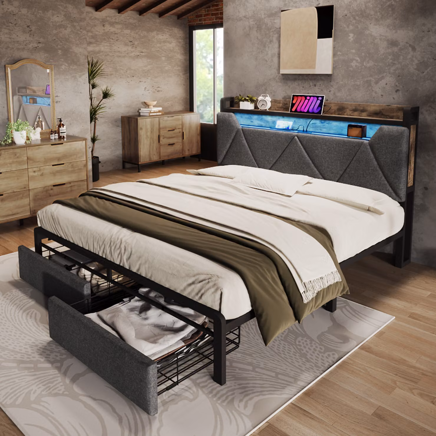 Letto imbottito MODFU, matrimoniale 140x200 cm, con funzione di ricarica USB e Type-C, illuminazione LED e 2 cassetti (con materasso incluso), colore grigio