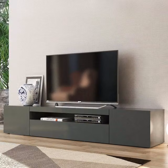 Mobile da soggiorno Porta Amore DMORA, design minimalista con 3 ante e ripiani, Antracite lucido, L: 200 cm, P: 40 cm, H: 37 cm – 1
