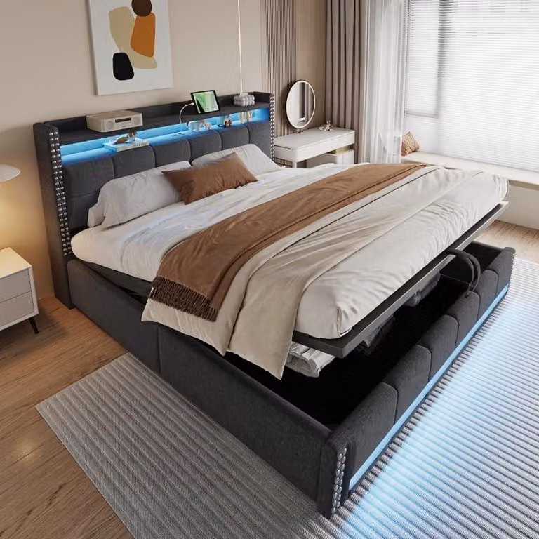 Letto imbottito 180x200 cm con spazio contenitore, illuminazione LED e presa USB, rivestito in lino grigio, con testiera dotata di vani portaoggetti, ideale per la camera da letto