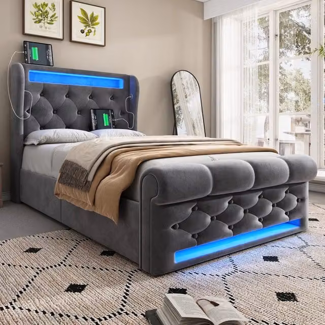 Letto singolo con contenitore Mivray in velluto grigio con testiera imbottita, illuminazione LED e porte USB e Type-C, L/P/H: 90 x 200 x 110 cm