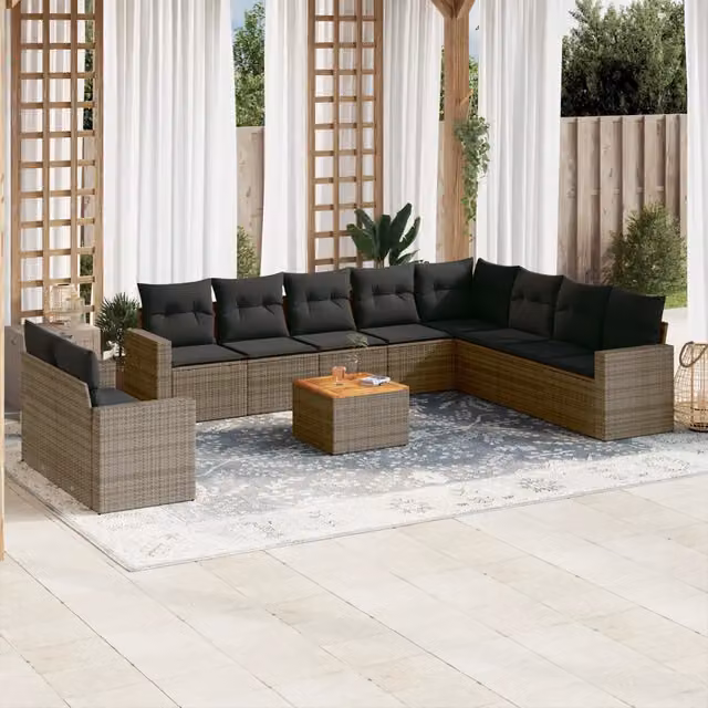 Set da giardino moderno vidaXL composto da 11 pezzi in polyrattan grigio con cuscini inclusi e struttura in metallo