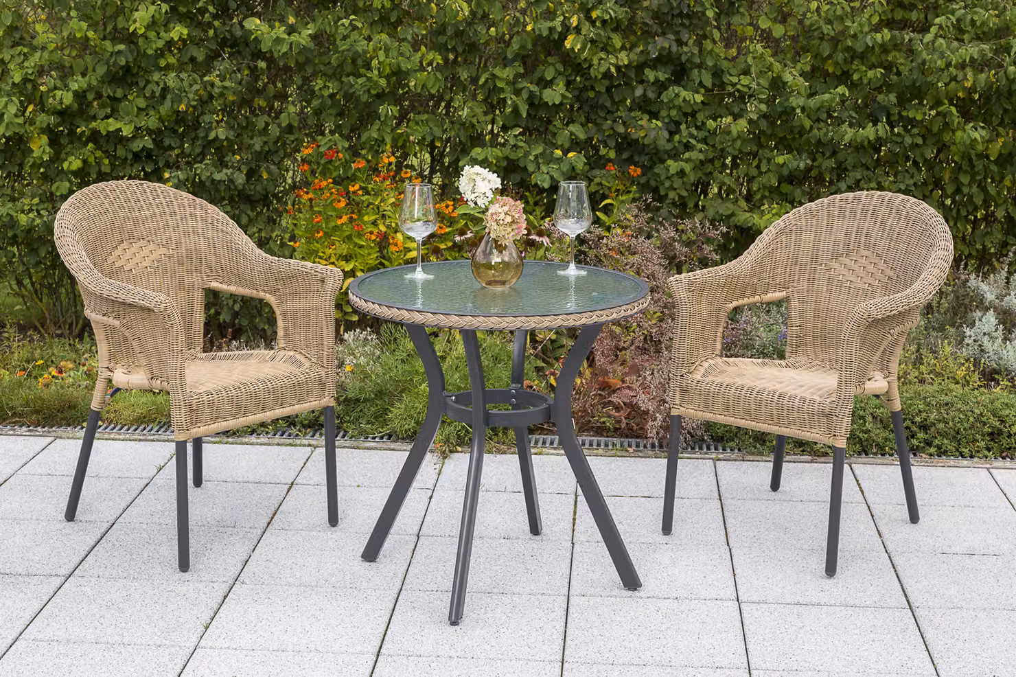 Set di mobili da giardino Merxx "Ravenna" 3 pezzi con tavolo Ø 70 cm - Struttura in alluminio color grafite con intreccio in plastica color naturale