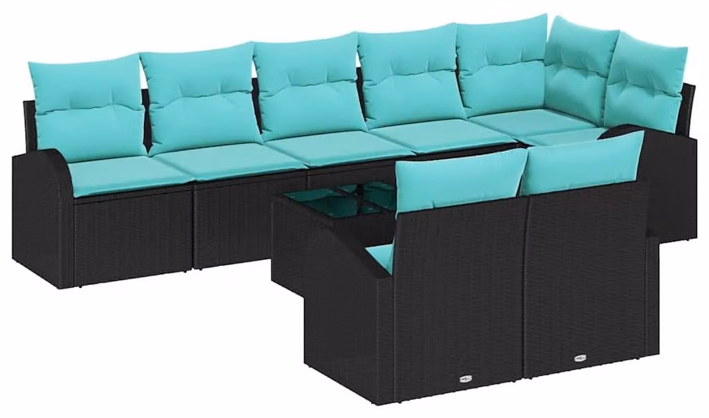 Set da giardino composto da 9 pezzi, in rattan sintetico nero e turchese