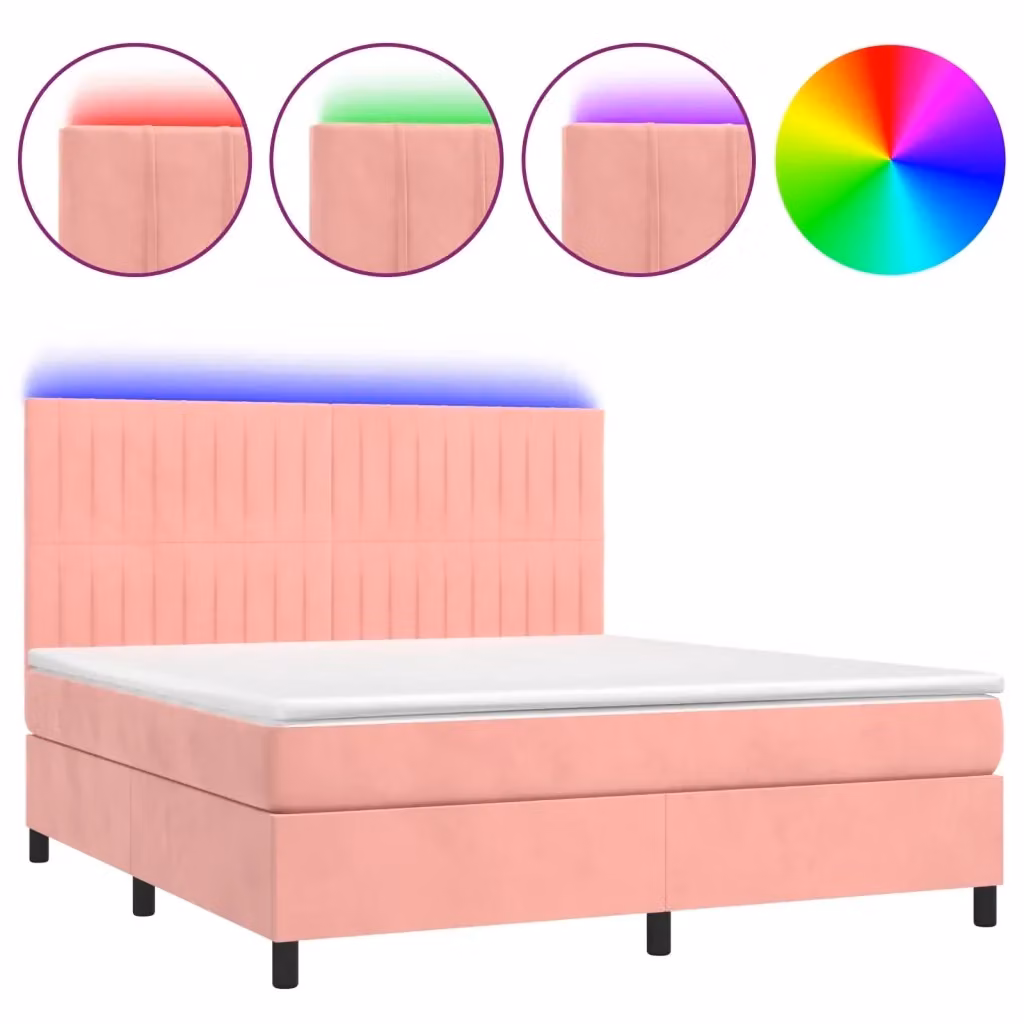 Letto matrimoniale moderno vidaXL in velluto rosa e bianco con materasso ibrido, illuminazione LED sottostante e porta USB, L: 160 cm, P: 200 cm, H: 128 cm – 2