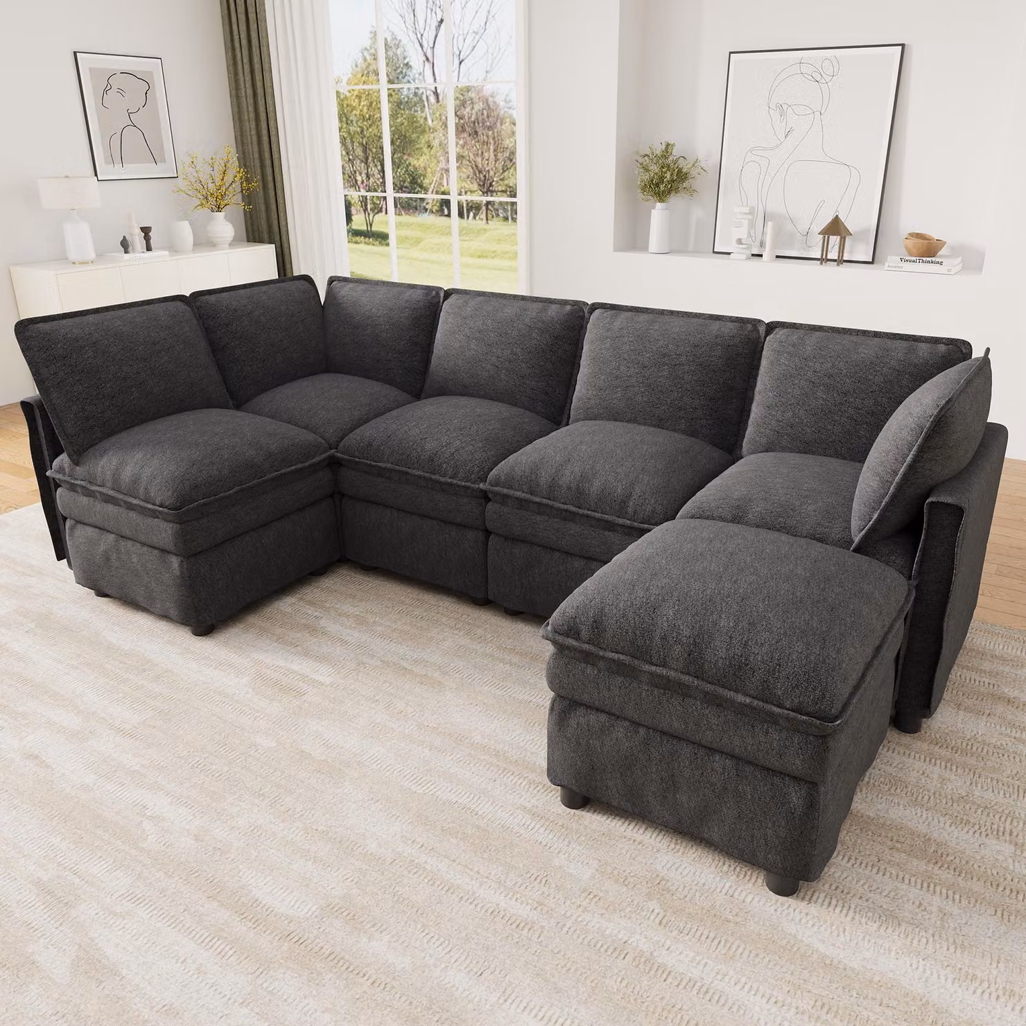 Divano angolare modulare XXL Merax con funzione letto, divano componibile a forma di U/L per 6 persone, rivestito in tessuto effetto velluto "Cloud", con poggiatesta regolabili, ideale per il soggiorno, colore grigio