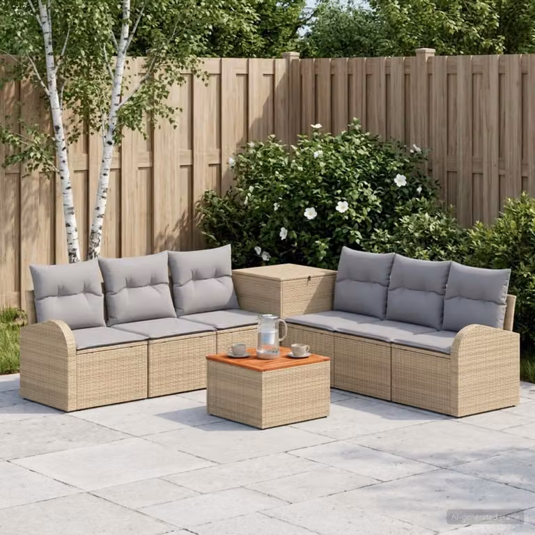 Set di divani da giardino vidaXL a forma di L in polyrattan con tavolino da caffè, 8 pezzi, Beige e Grigio