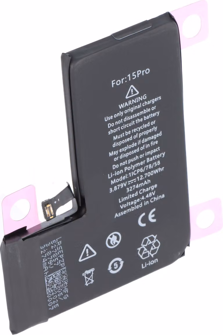 Batteria compatibile con Apple iPhone 15 Pro, Li-polimero, 3,87 V, 3274 mAh, 12,7 Wh, senza attrezzi