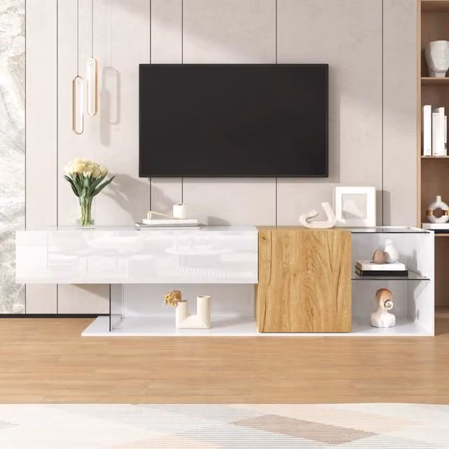 Mobile TV Mivray moderno bianco effetto legno con 2 ante e ripiani in vetro L 180 x P 38 x H 48 cm