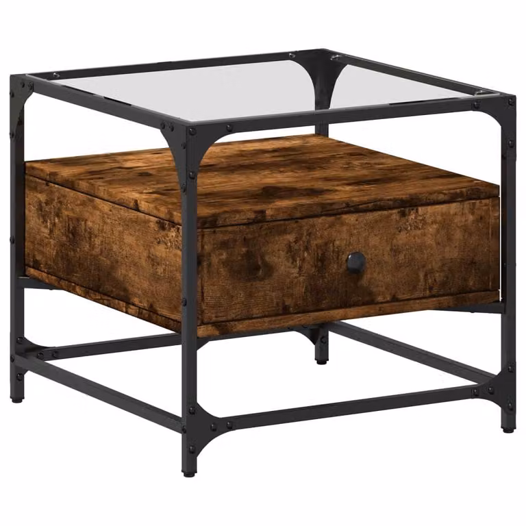 Tavolino con Piano in Vetro Rovere Fumo 50x50x45 cm Acciaio