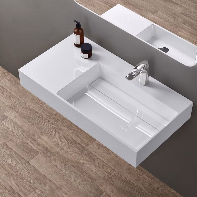 doporro Lavabo Bagno Sospeso Lavabo da Appoggio Rettangolare in Marmo Resina Bianco Lucido, Vasca a Destra 90x48x13 cm con 1 Foro Rubinetto e Piletta Scarico, Colossum12