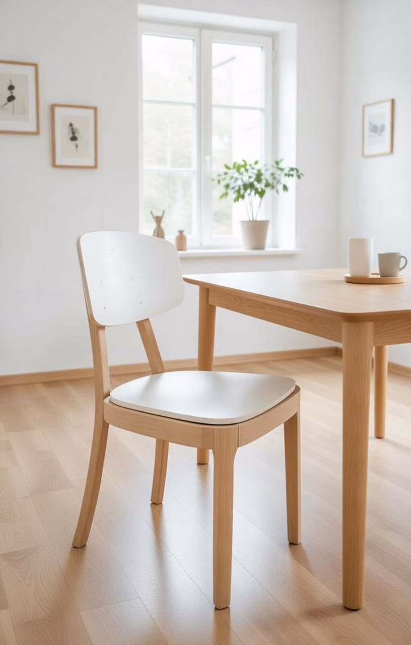Comoda sedia in legno naturale con seduta e schienale bianchi