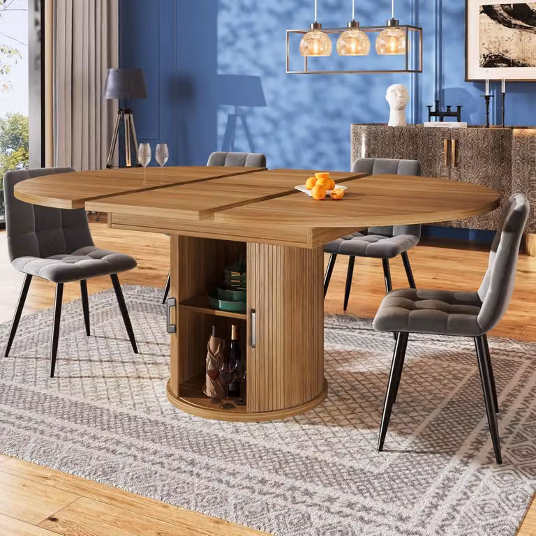 Tavolo da pranzo rotondo allungabile, trasformabile in ovale, con dimensioni da 118 a 158 cm, in legno di noce, dotato di spazio contenitivo