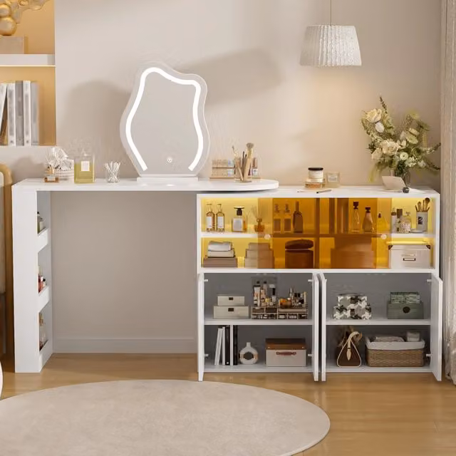 Tavolo da trucco girevole con illuminazione LED dimmerabile, struttura a L, ampio spazio contenitivo, bianco, 177×40×131,5 cm