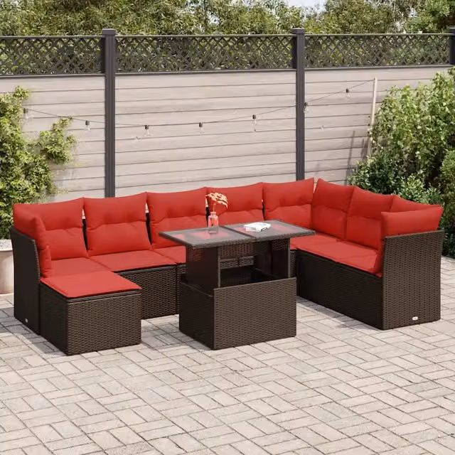 Set Divani Giardino 9 pz con Cuscini Marrone Polyrattan Acacia 3326215