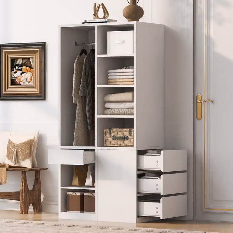 Armadio okwish con 4 cassetti, ripiani e appendiabiti, armadio singolo dal design versatile, color bianco