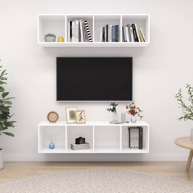 Set di 2 Mobili TV da Parete vidaXL in Legno Multistrato Bianchi per Soggiorno – 1