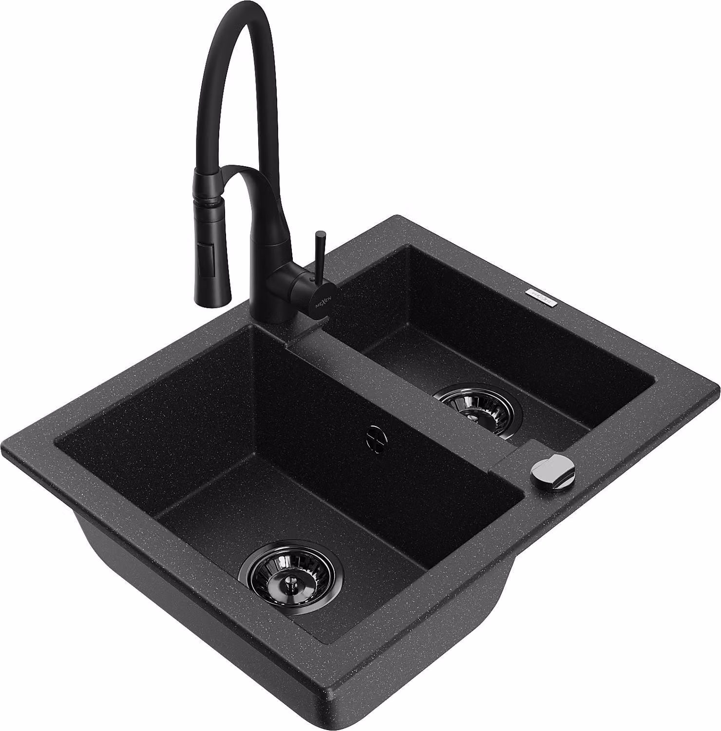 Mexen Carlos lavello in granito 1,5 vasca con miscelatore da cucina Aster, nero/argento metallizzato - 6518-73-73450-70-B
