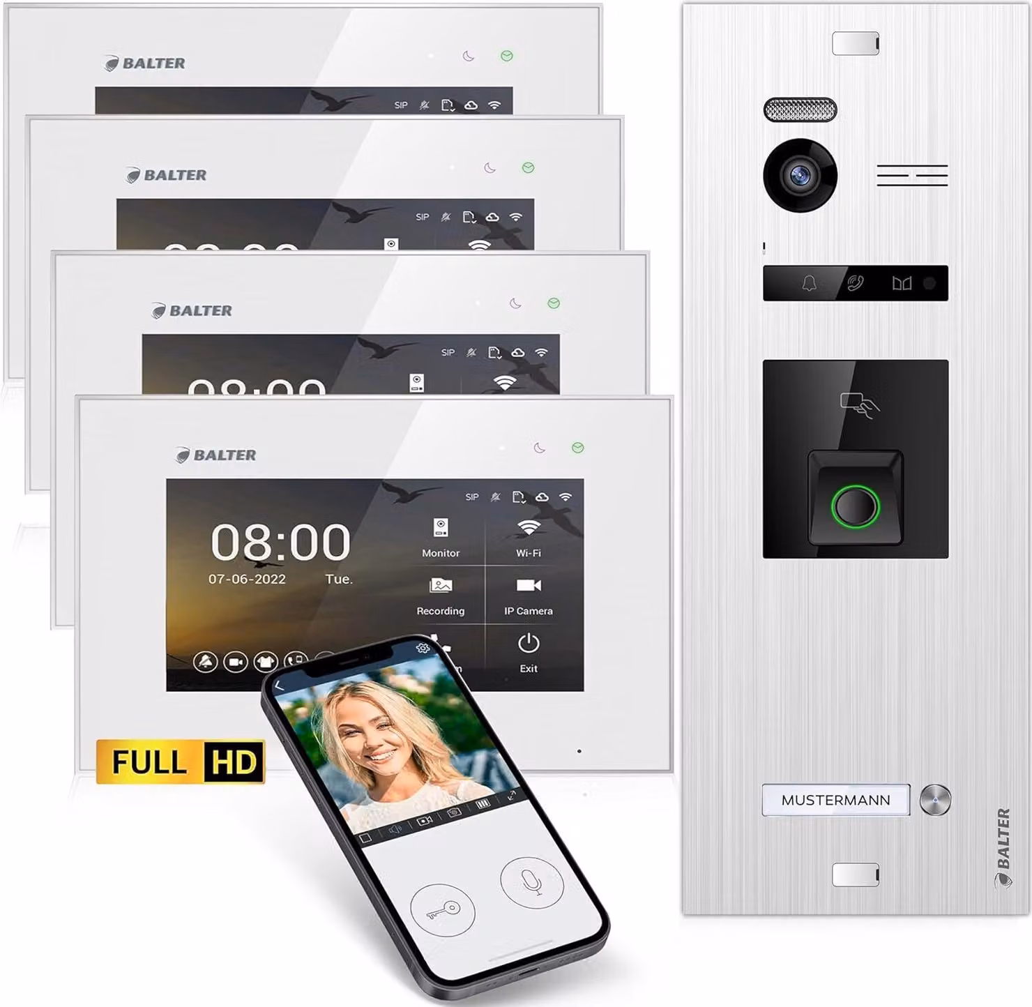 Videocitofono HD con impronta digitale RFID e app per smartphone per case monofamiliari, 4x monitor, Balter EVO HD Fingerprint