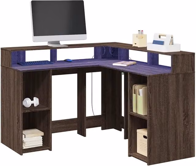 vidaXL Scrivania ad Angolo Moderna con Luci LED in MDF Laminato Marrone Rovere L: 130 cm, P: 130 cm, H: 91 cm