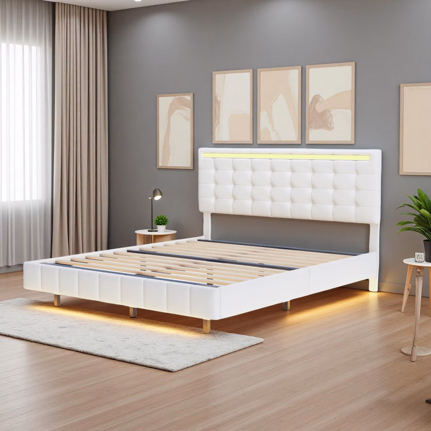 Fortuna Lai, letto imbottito 160x200 cm, LED, USB, letto galleggiante con testiera regolabile, lino, beige