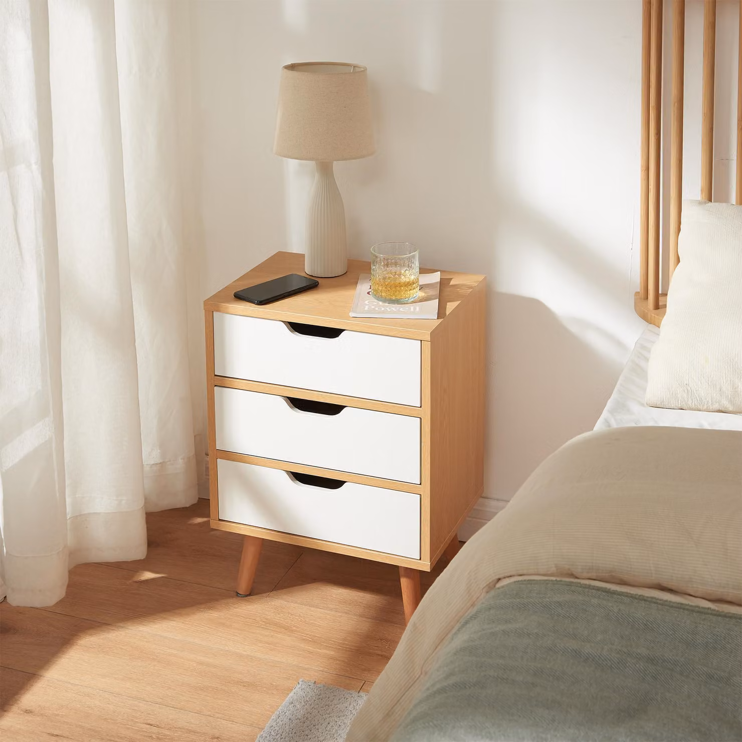Comodino "Bordkak" con 3 cassetti 55 x 40 x 30 cm Gambe in legno effetto rovere/bianco