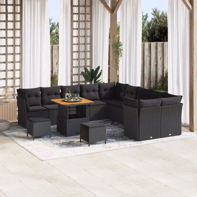 Set Divano da Giardino a Forma di U vidaXL in Polyrattan Nero con Cuscini e Tavolino da Esterno