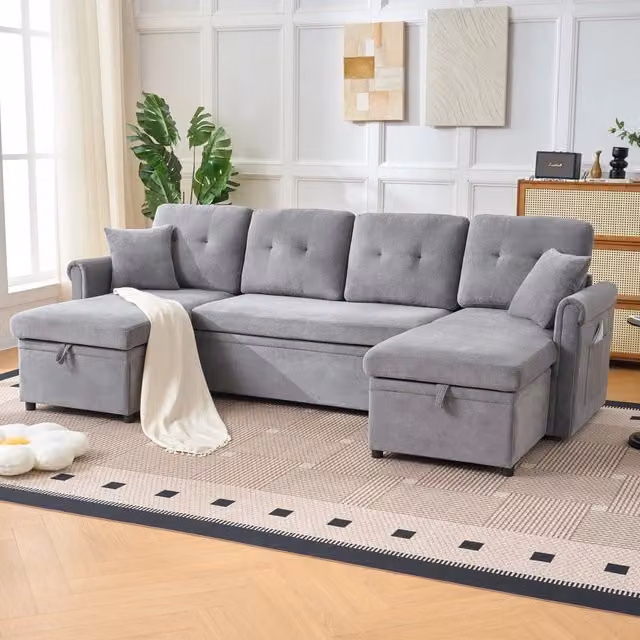 Divano letto angolare a U 266x130x85 cm con vani contenitore in ciniglia grigio