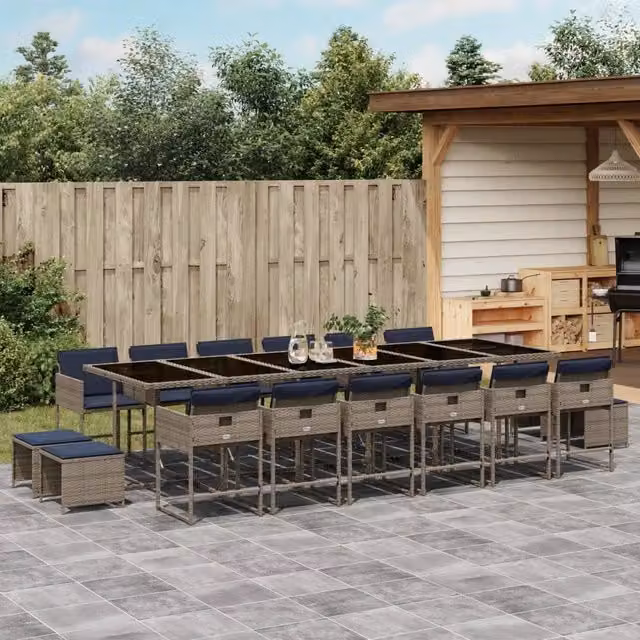 Set da pranzo da giardino vidaXL in polyrattan da 17 pezzi con piano in vetro e cuscini, colore grigio