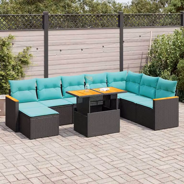 Set di divani da giardino vidaXL 9 pezzi in polyrattan nero con cuscini e struttura in legno di acacia oliato