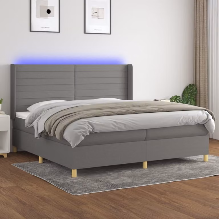 The Living Store Letto a molle con materasso e LED in tessuto grigio scuro 200x200 cm