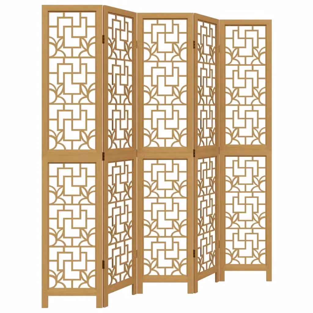 Divisorio Ambienti Paravento a 5 Pannelli in Legno Massello di Paulownia Marrone con Design Geometrico Orientale H: 180 cm x L: 200 cm – 2