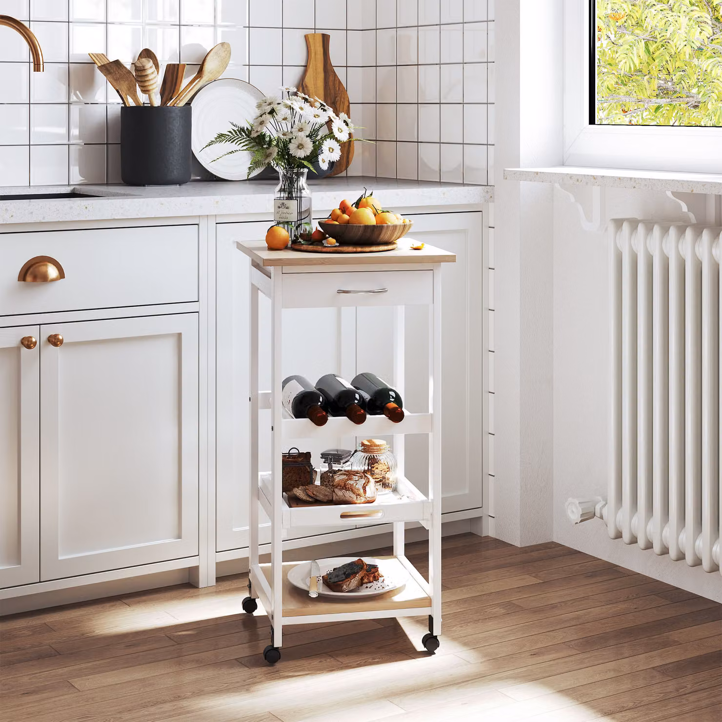 Carrello da servizio HOMCOM in legno di pino bianco e quercia chiara con 2 ripiani, piano estraibile e cassetto, stile scandinavo – 2