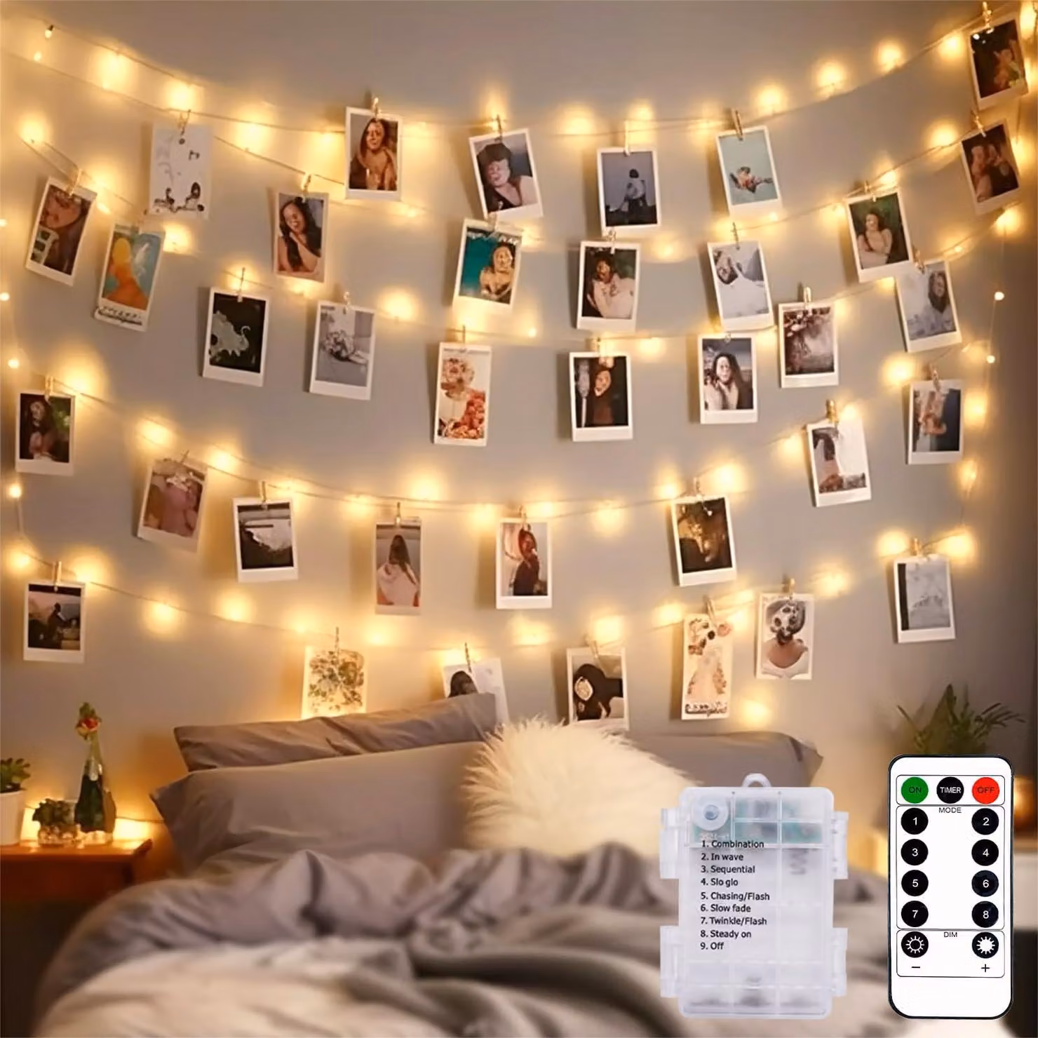 Catena luminosa a LED, 10 metri, 100 LED, con telecomando, clip per foto, 8 modalità
