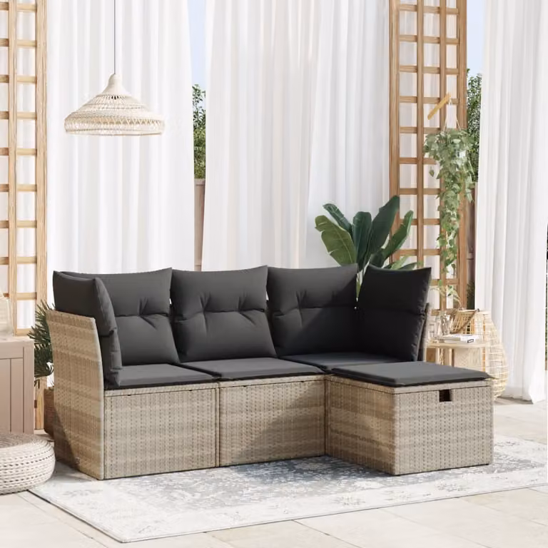 Set Divano da Giardino vidaXL 4 Pezzi a Forma di L in Polyrattan Grigio con Cuscini e Copertura Inclusa