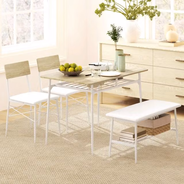 Set da pranzo moderno REDOM composto da tavolo rettangolare e sedute, finitura rovere con dettagli bianco e marrone, L: 110 cm, P: 70 cm, H: 75 cm