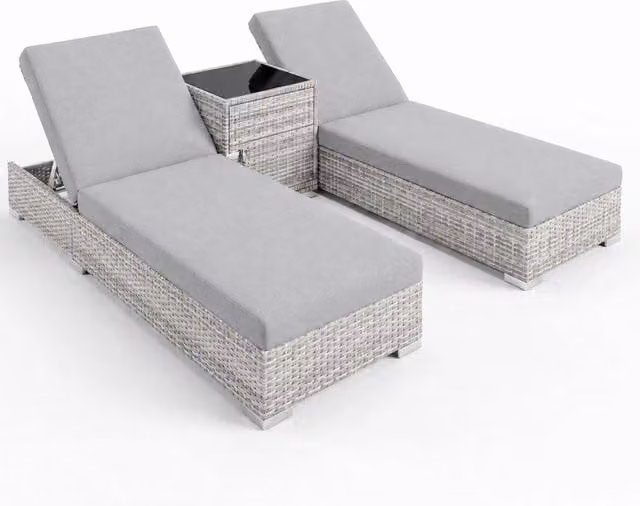 Set 2 Lettini Prendisole In Polyrattan Con Tavolino Contenitore E Cuscini Schienale Regolabile 5 Posizioni Sdraio Da Giardino Terrazzo Piscina Relax Outdoor Arredo Esterno 184 x 60 x 21 Cm Grigio Chiaro