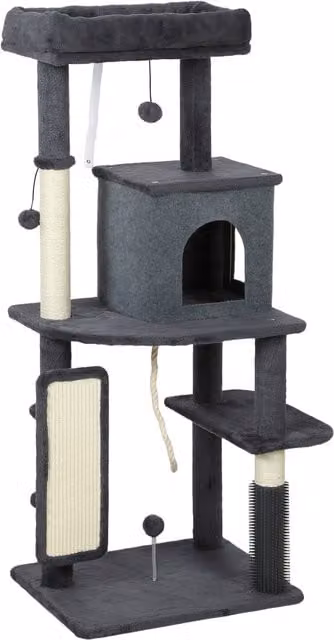 Albero per Gatti Multilivello PawHut con Casetta, Lettino e Tiragraffi in Sisal, Grigio Scuro, Altezza: 132 cm – 1