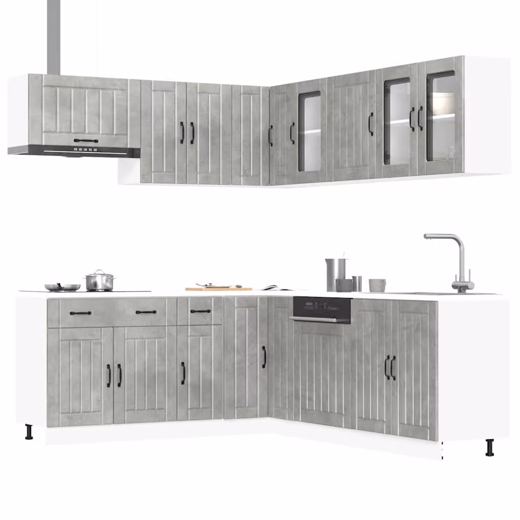 Set di mobili da cucina vidaXL Lucca composto da 11 pezzi in stile moderno, colore grigio cemento con ante in vetro e legno