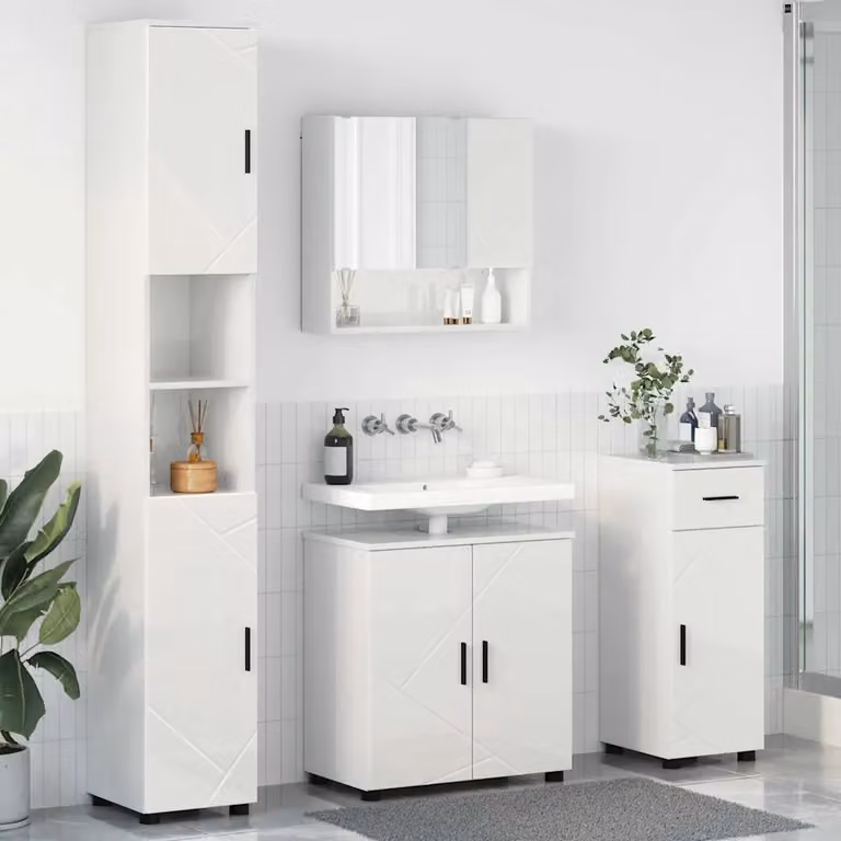 Set di mobili per il bagno moderno vidaXL in 4 pezzi Bianco Lucido L/P/H: 61 x 35 x 64 cm
