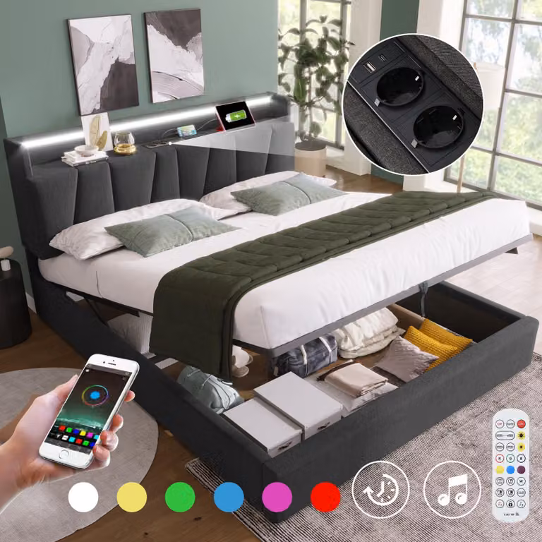 Letto imbottito 140x200 cm con funzione di ricarica USB, testiera contenitore e illuminazione LED, letto matrimoniale con contenitore, struttura letto, rete a doghe in legno, colore grigio