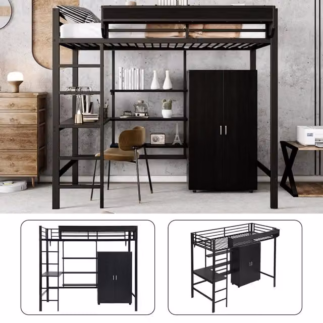 Letto a castello 90x200 con scrivania e armadio; struttura in metallo e pannelli truciolari; nero; per cameretta
