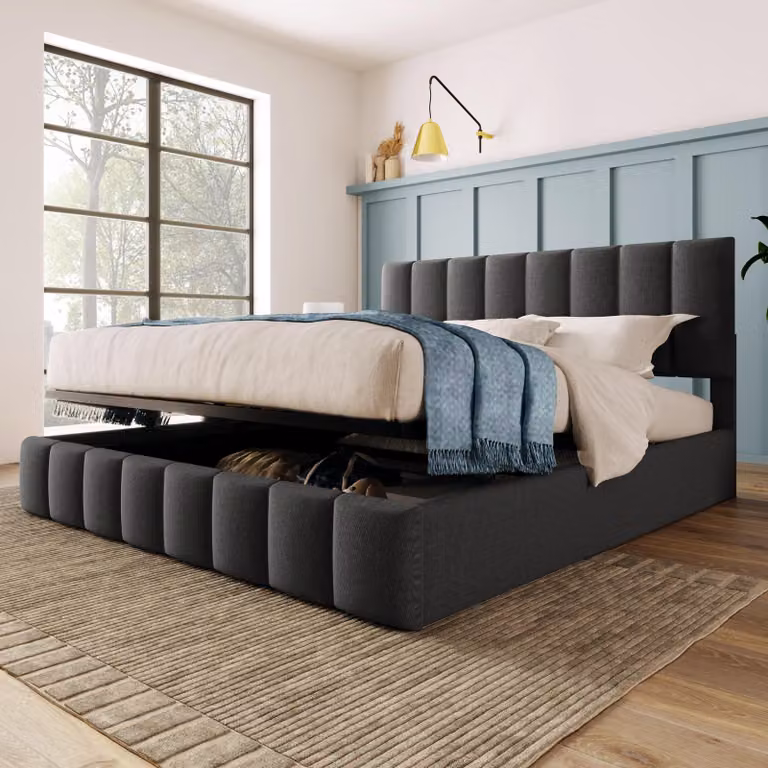 Letto imbottito Flieks 140x200cm, letto a molle con rete a doghe, letto per ragazzi con contenitore, letto matrimoniale con contenitore, grigio